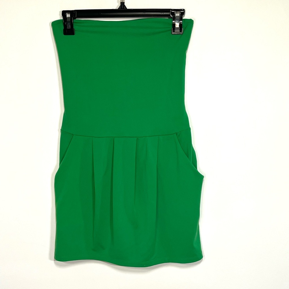 Susana Monaco green tube dress strapless mini, pockets pleated party dress small